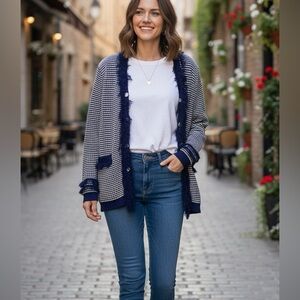 Edinburgh Knitwear‎ Navy & White Fringe Trim Cardigan M Academia Scotland Luxury